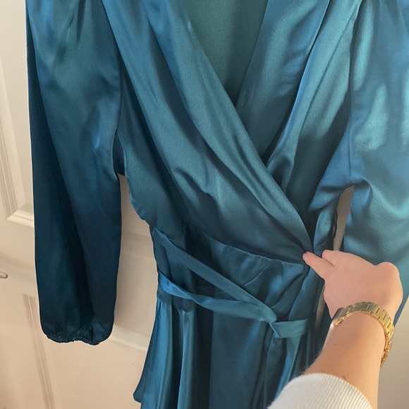 Teal Satin Wrap Dress - Picture 2 of 5